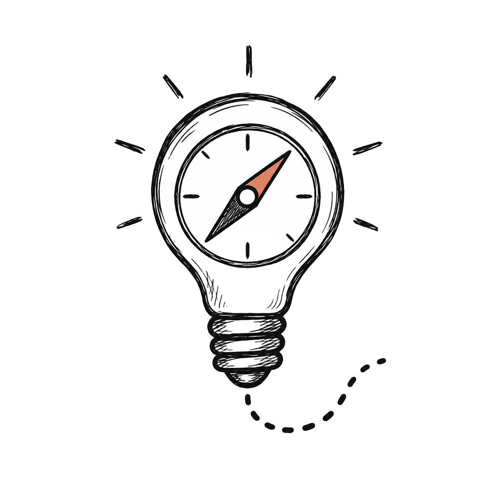 Hand-sketched lightbulb with a compass guiding the way